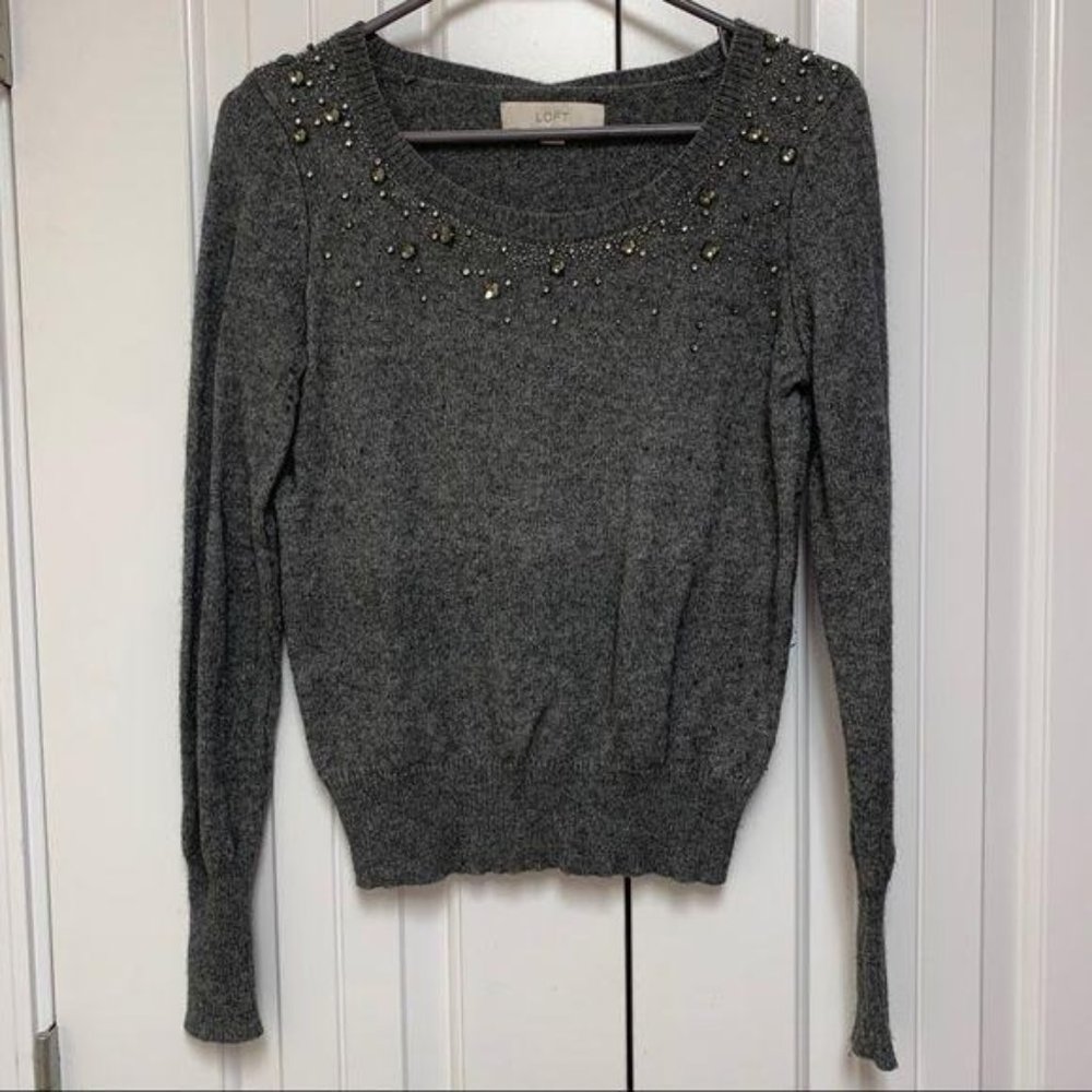 Loft Grey Rhinestone Embellished Crewneck Sweater